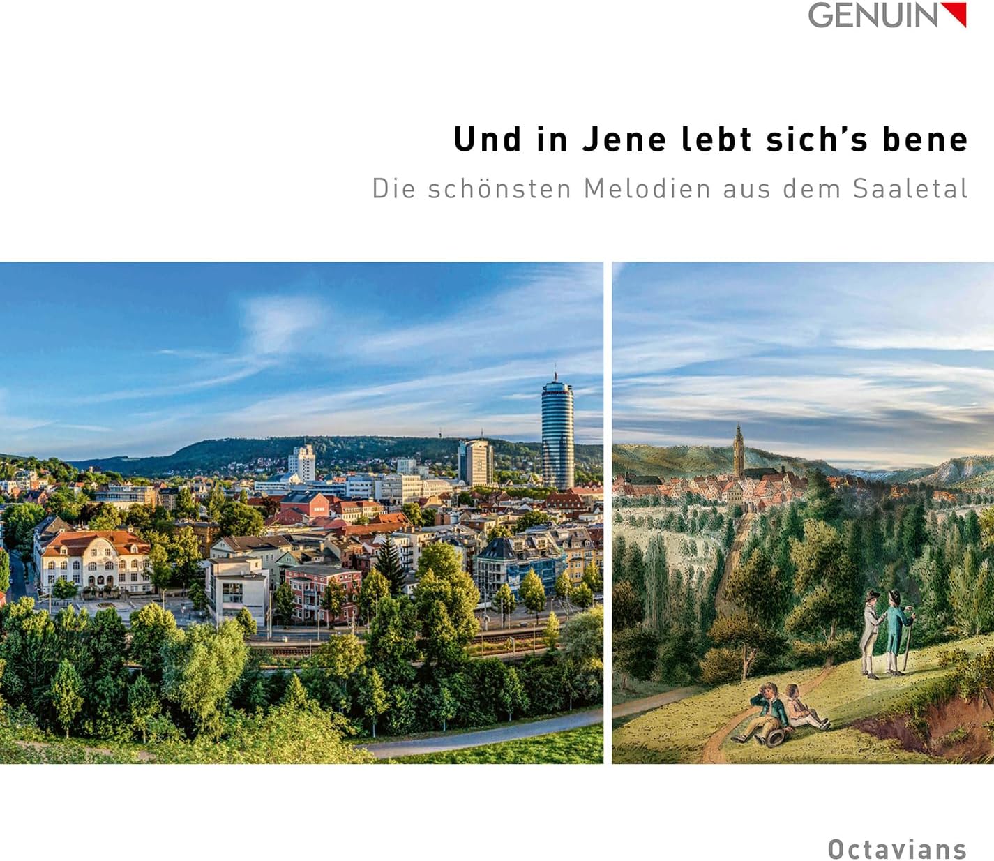 CD cover with a panoramic view of Jena, Germany, and people walking.