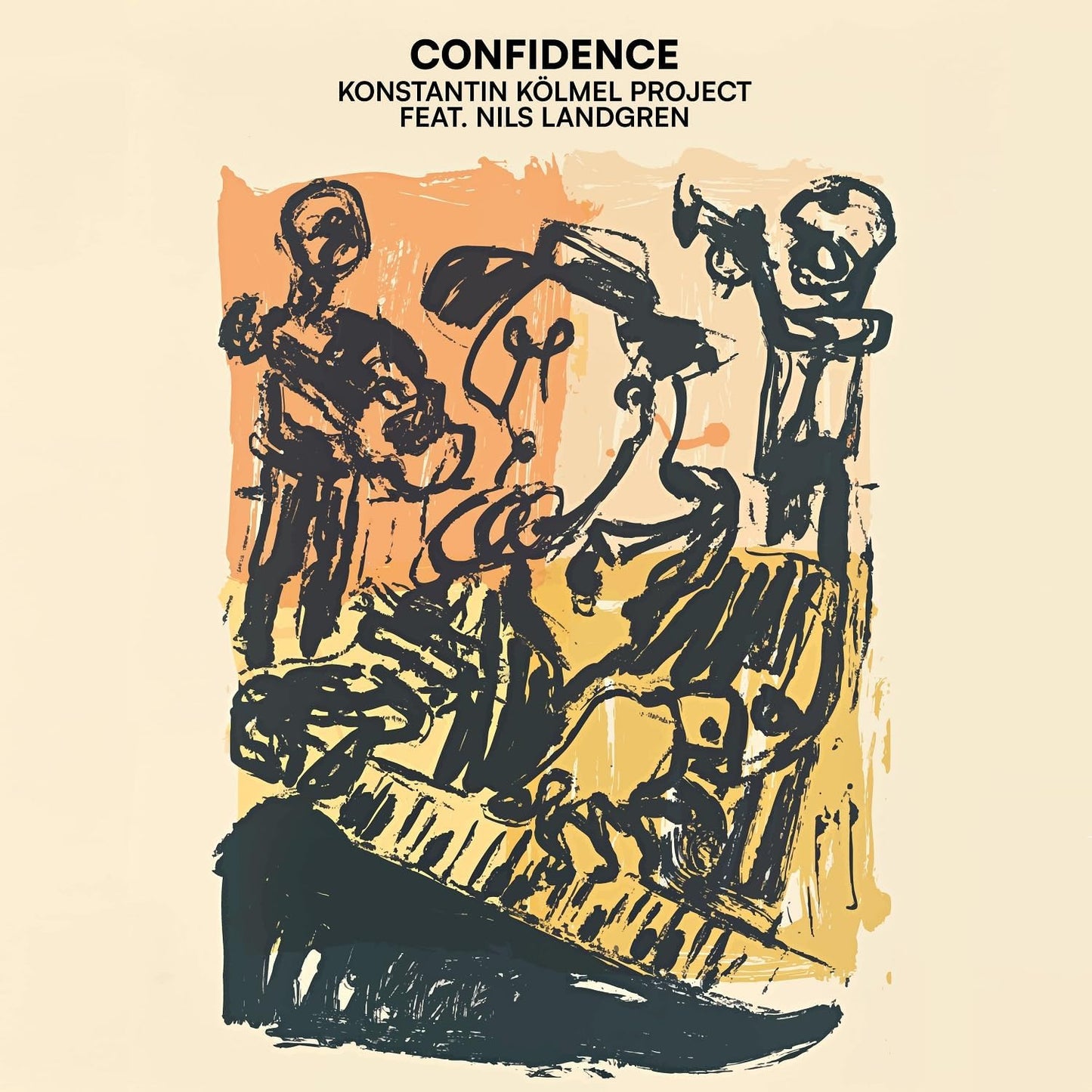 Vinyl record cover: abstract black figures with orange and cream background.