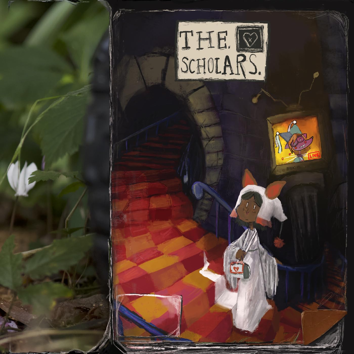 Vinyl album cover for "The Scholars" with illustrated staircase scene.