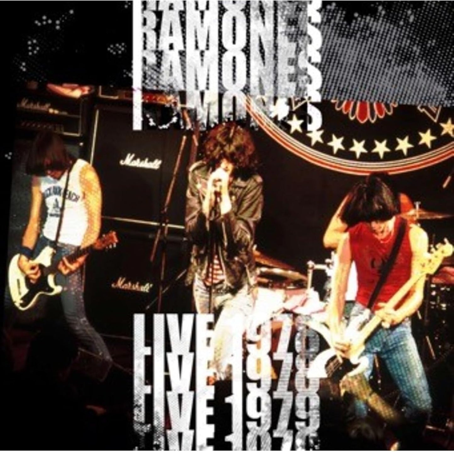 Ramones performing live onstage with instruments, 1978-79 CD cover.