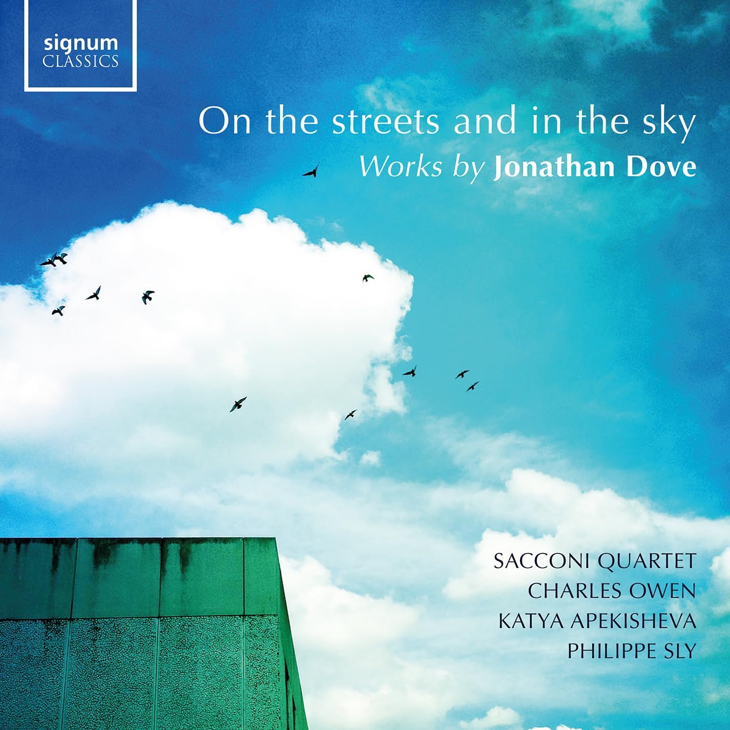CD cover: blue sky with planes over a green rooftop.