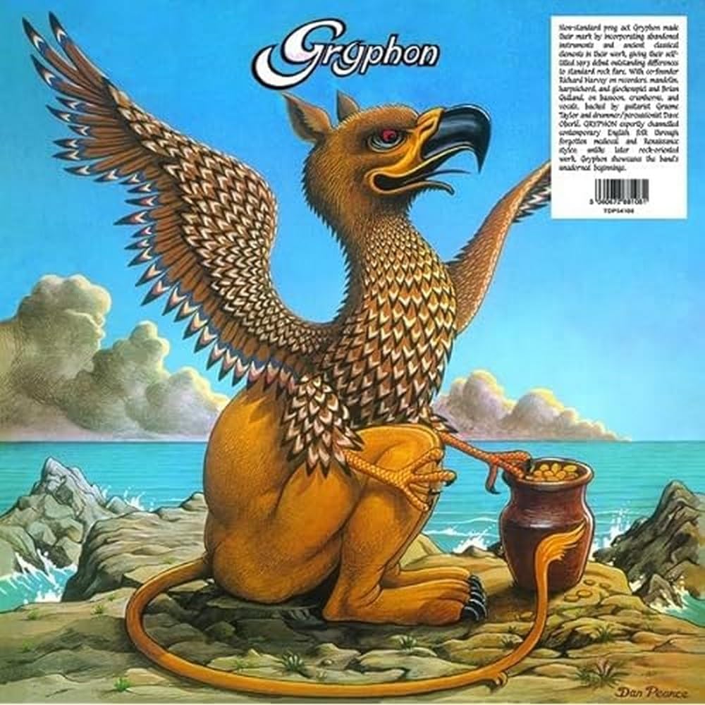 Vinyl album cover featuring a colorful painting of a griffin with treasure.