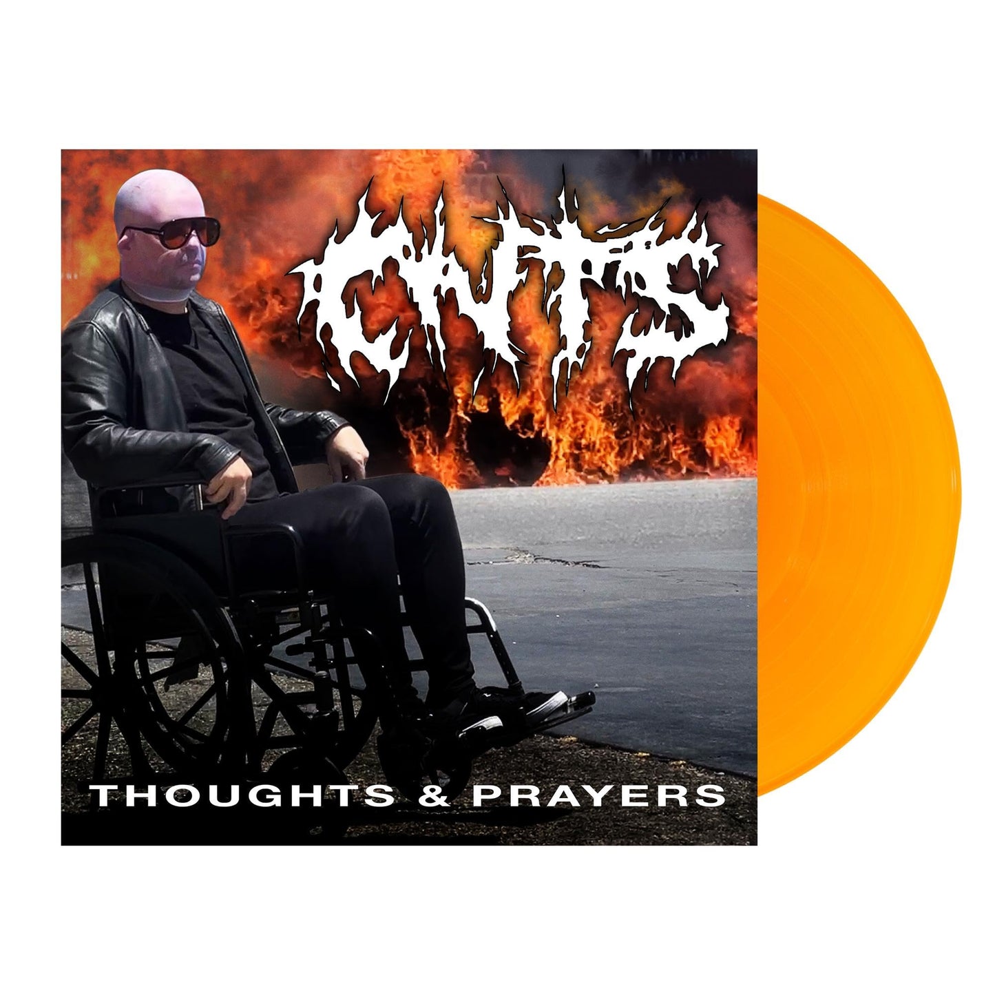 Vinyl record cover with a man in a wheelchair and fiery background.