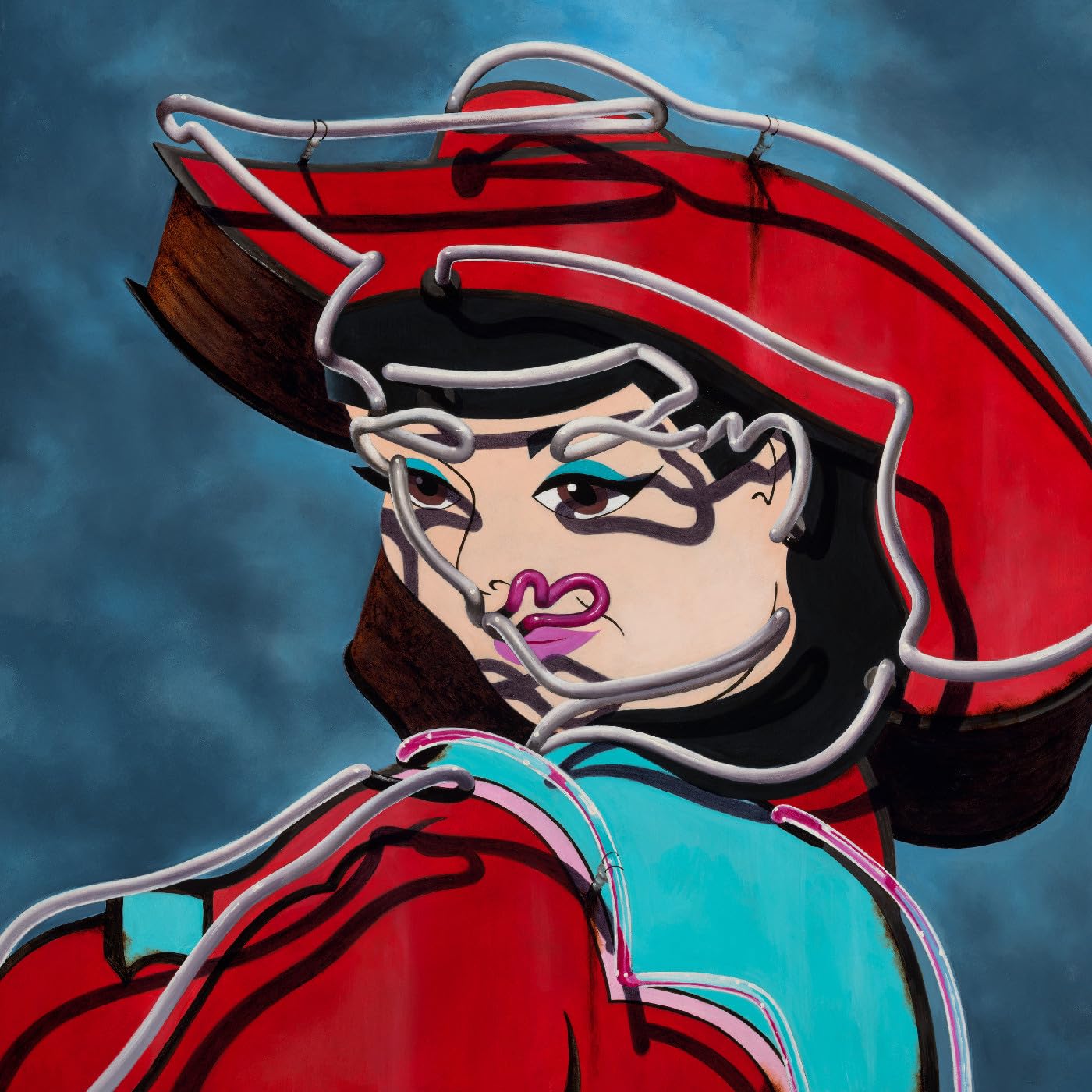 Painting of a woman with a red cowboy hat and neon light outline.