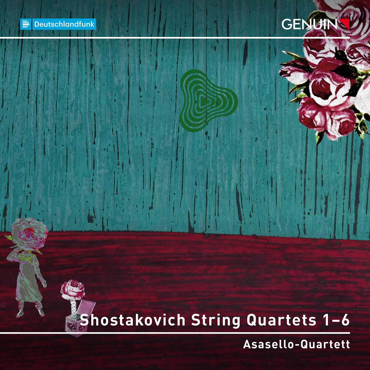 CD cover for Shostakovich string quartets, abstract art, floral elements.