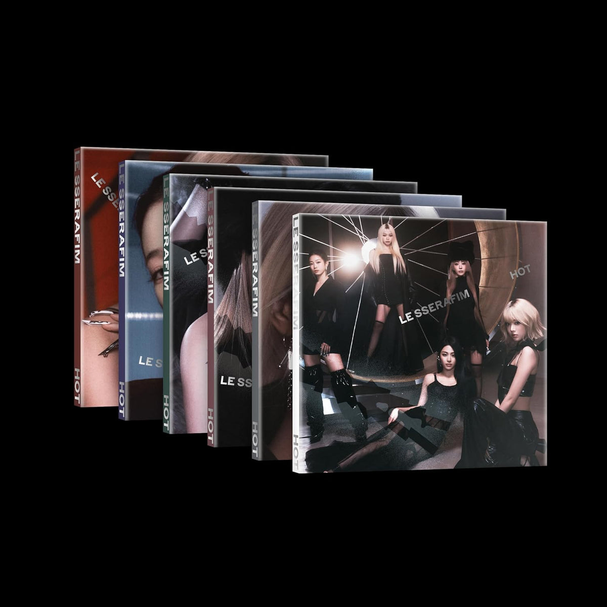 Le Sserafim “Hot” album covers featuring members in stylized portraits.