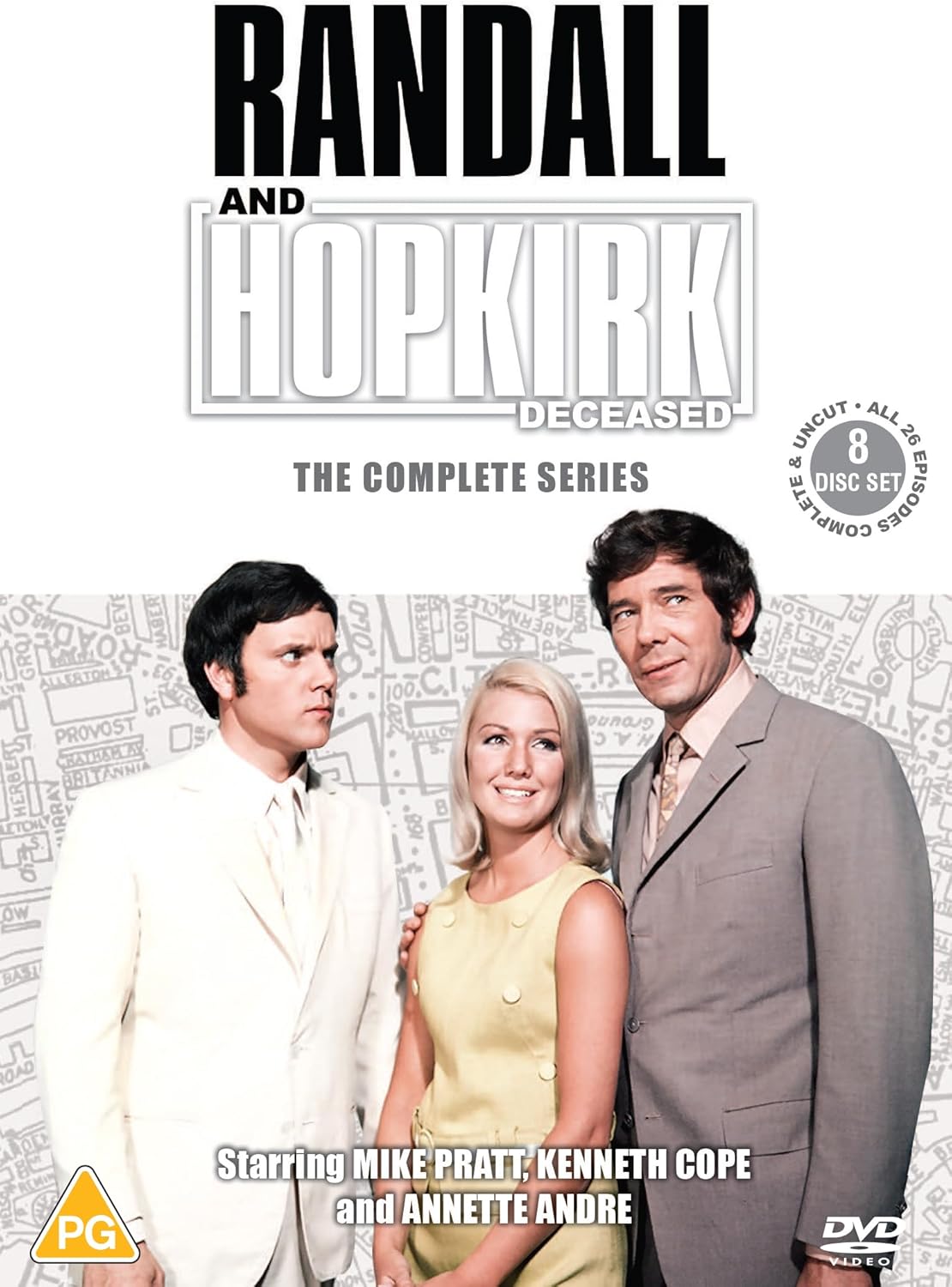 DVD cover for Randall and Hopkirk Deceased featuring three cast members against a map background.
