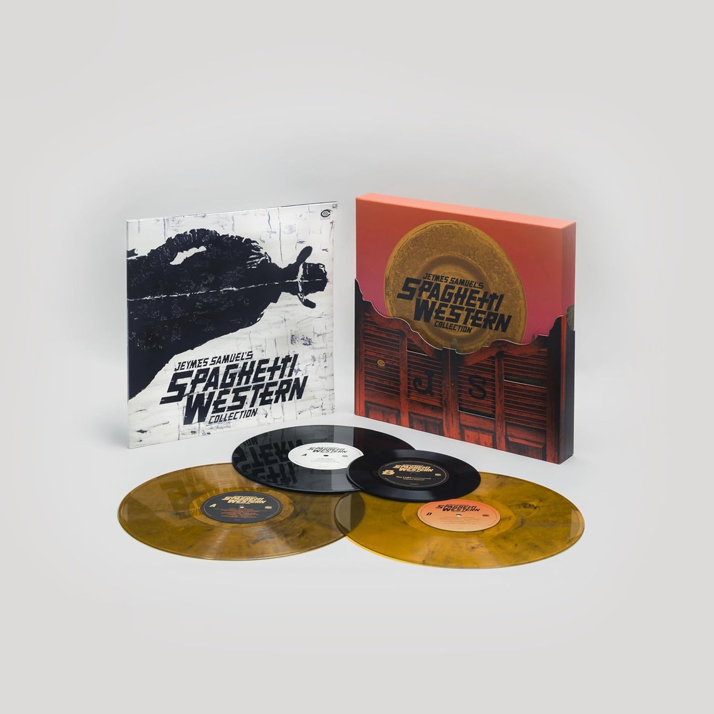 Vinyl record collection with box set, featuring a western theme.