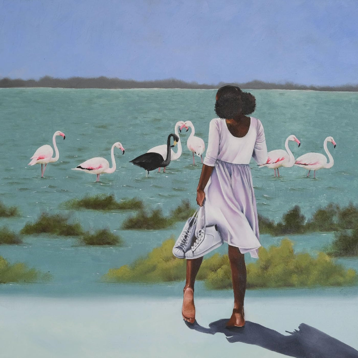 Painting of a person in a white dress walking by flamingos.