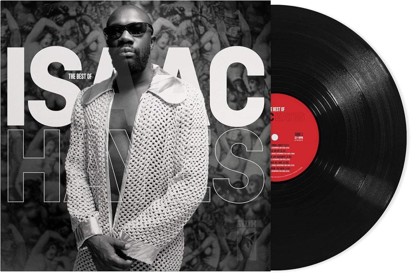 Isaac Hayes vinyl record with portrait and tracklist details.