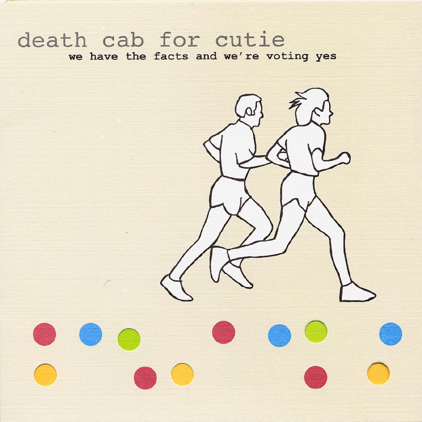 Death Cab For Cutie album cover: two figures running, colorful dots below.