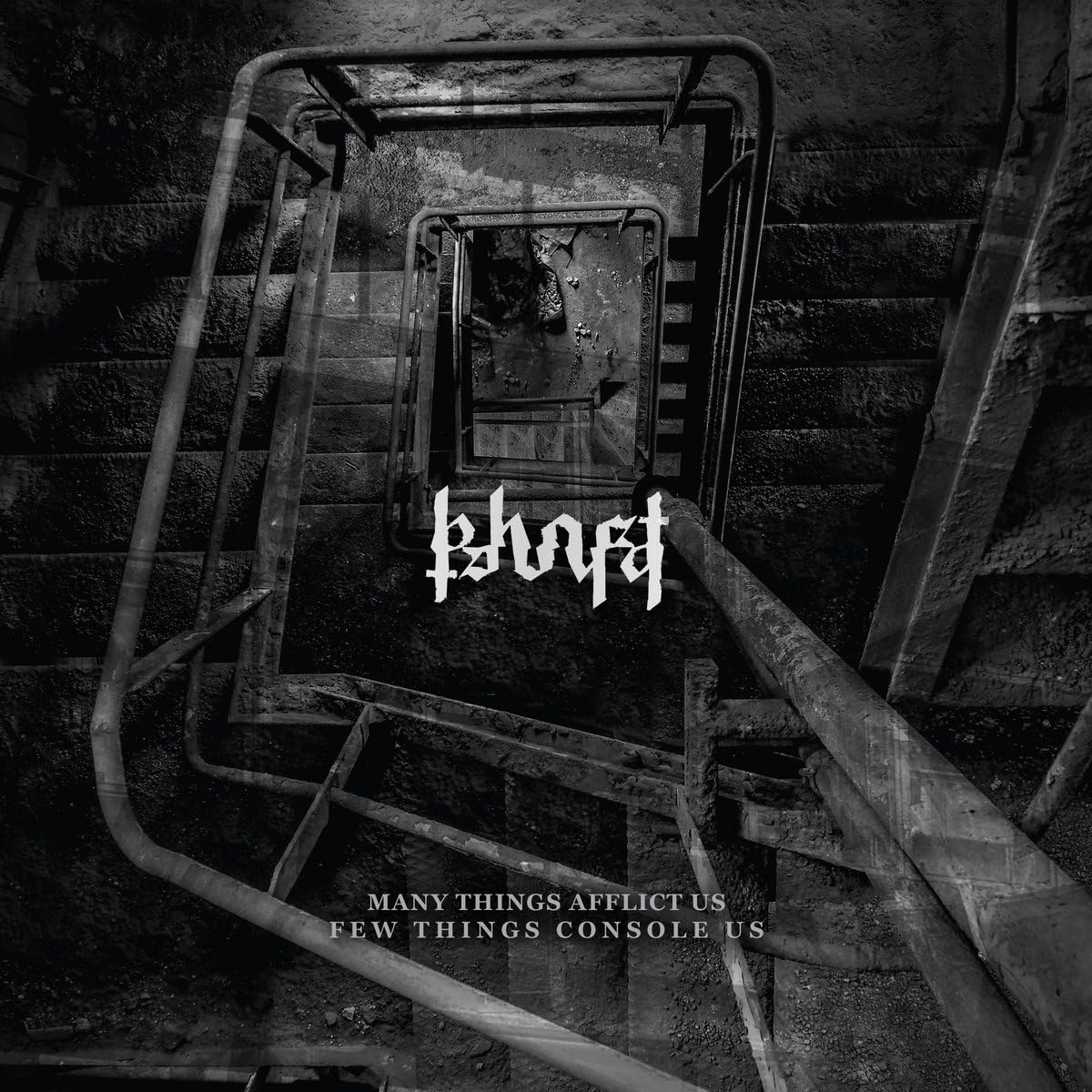 Black and white album cover with a staircase viewed from above.