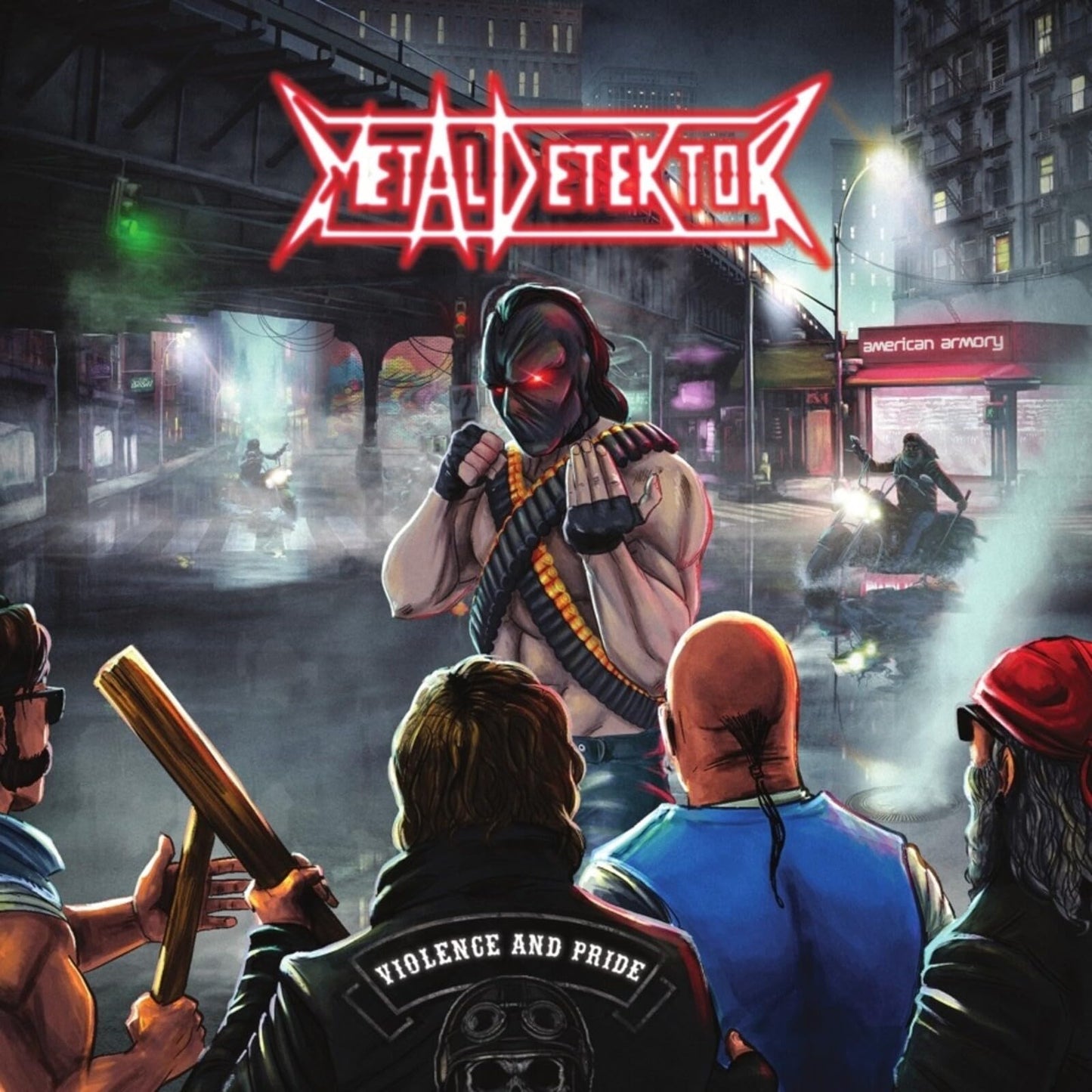 CD cover: illustrated scene of masked figure with group in urban setting.