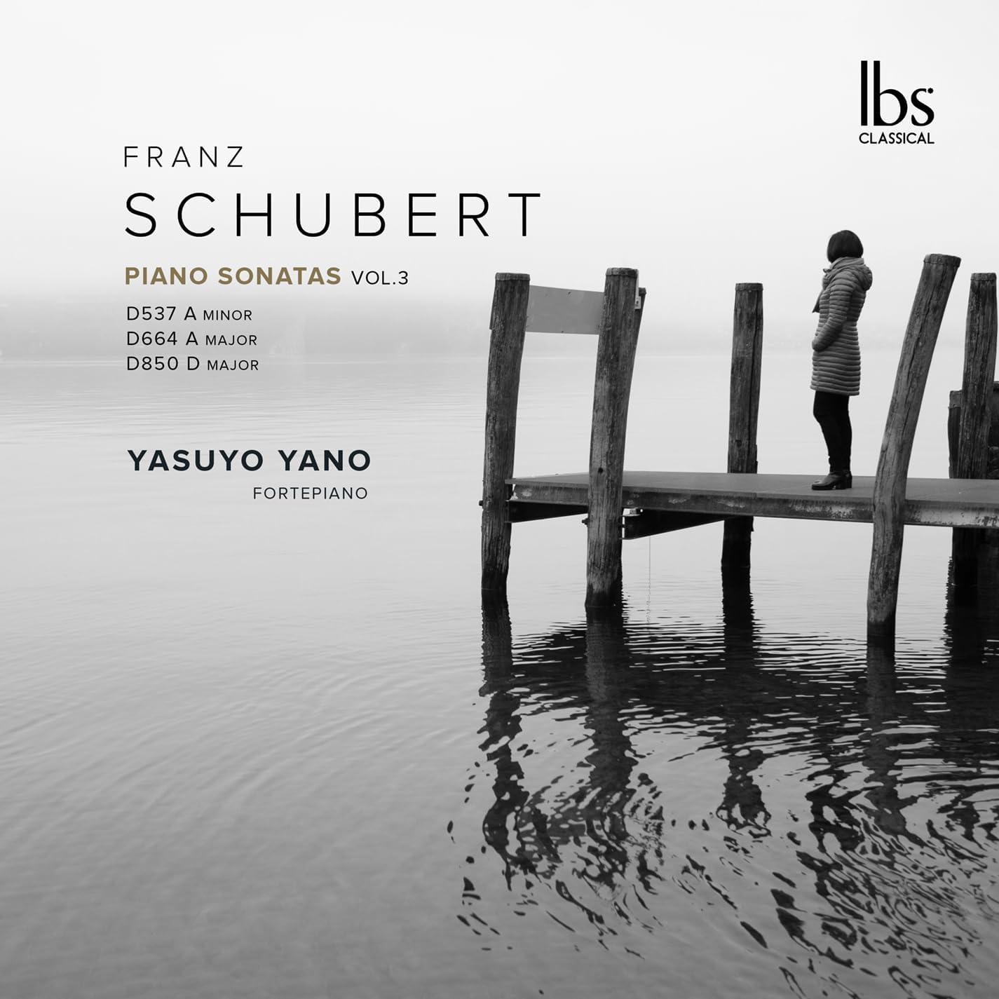 CD cover: Schubert piano sonatas Vol. 3 by Yasuyo Yano, with a pier image.