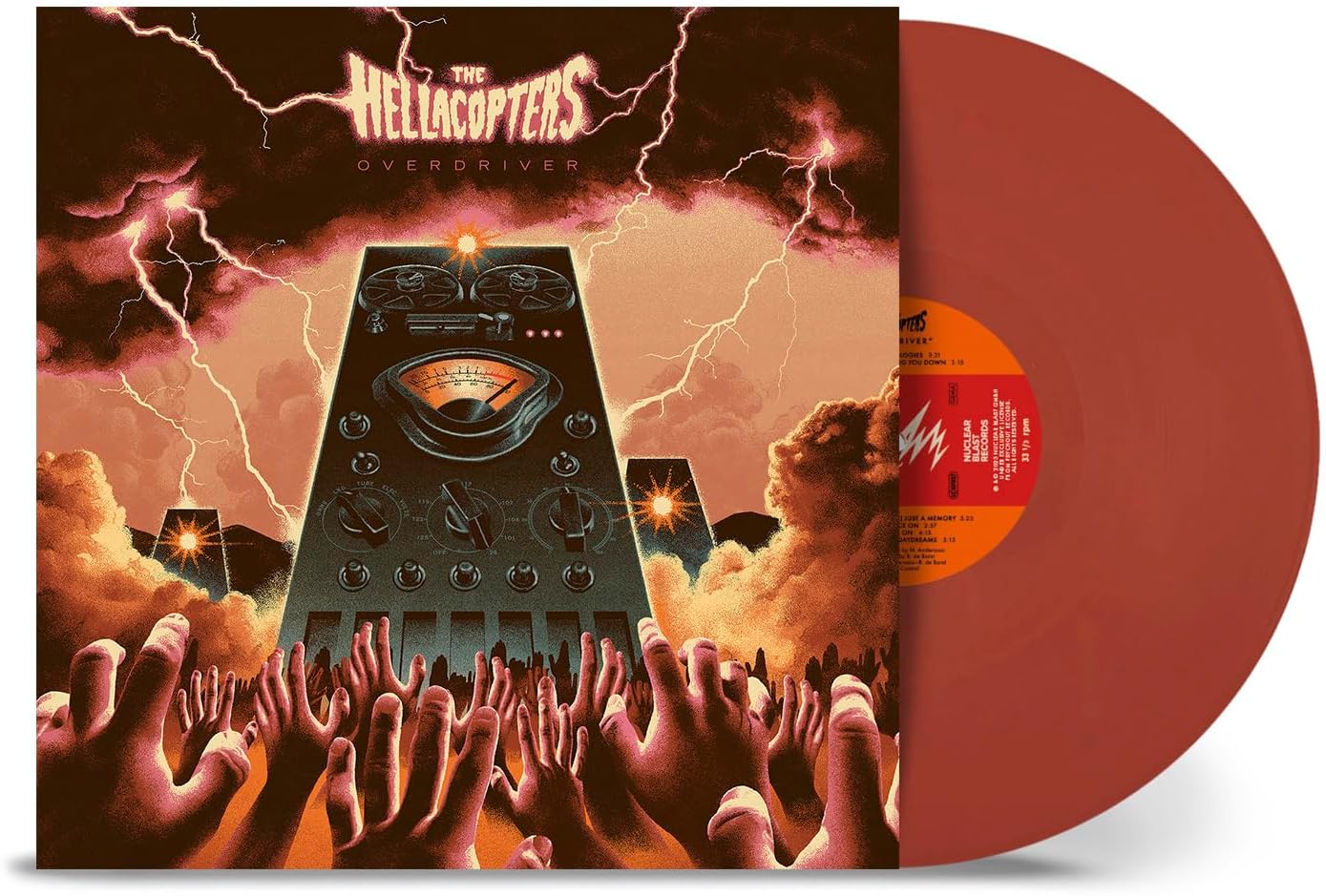 Album cover showing a vintage tape machine under lightning, with hands reaching up below.