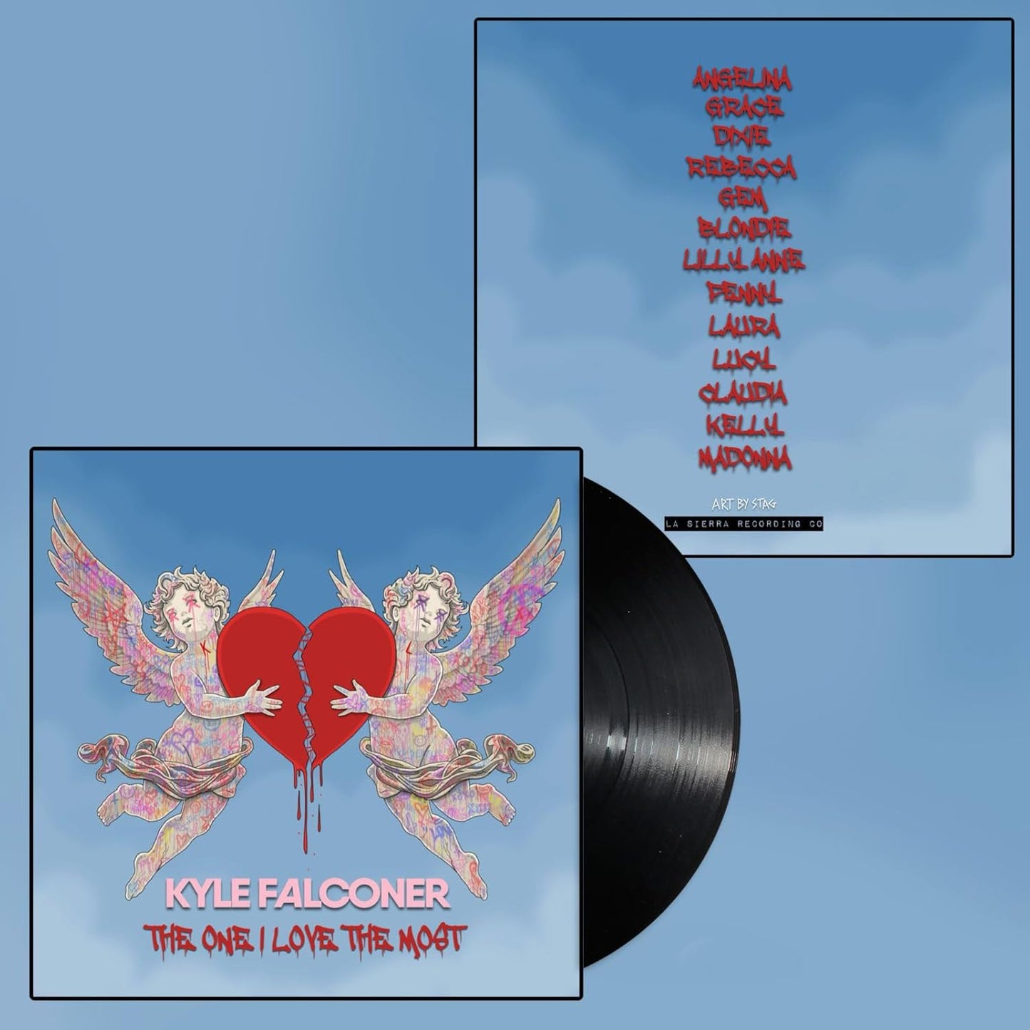 Vinyl record with ornate heart design and artist name “Kyle Falconer”.