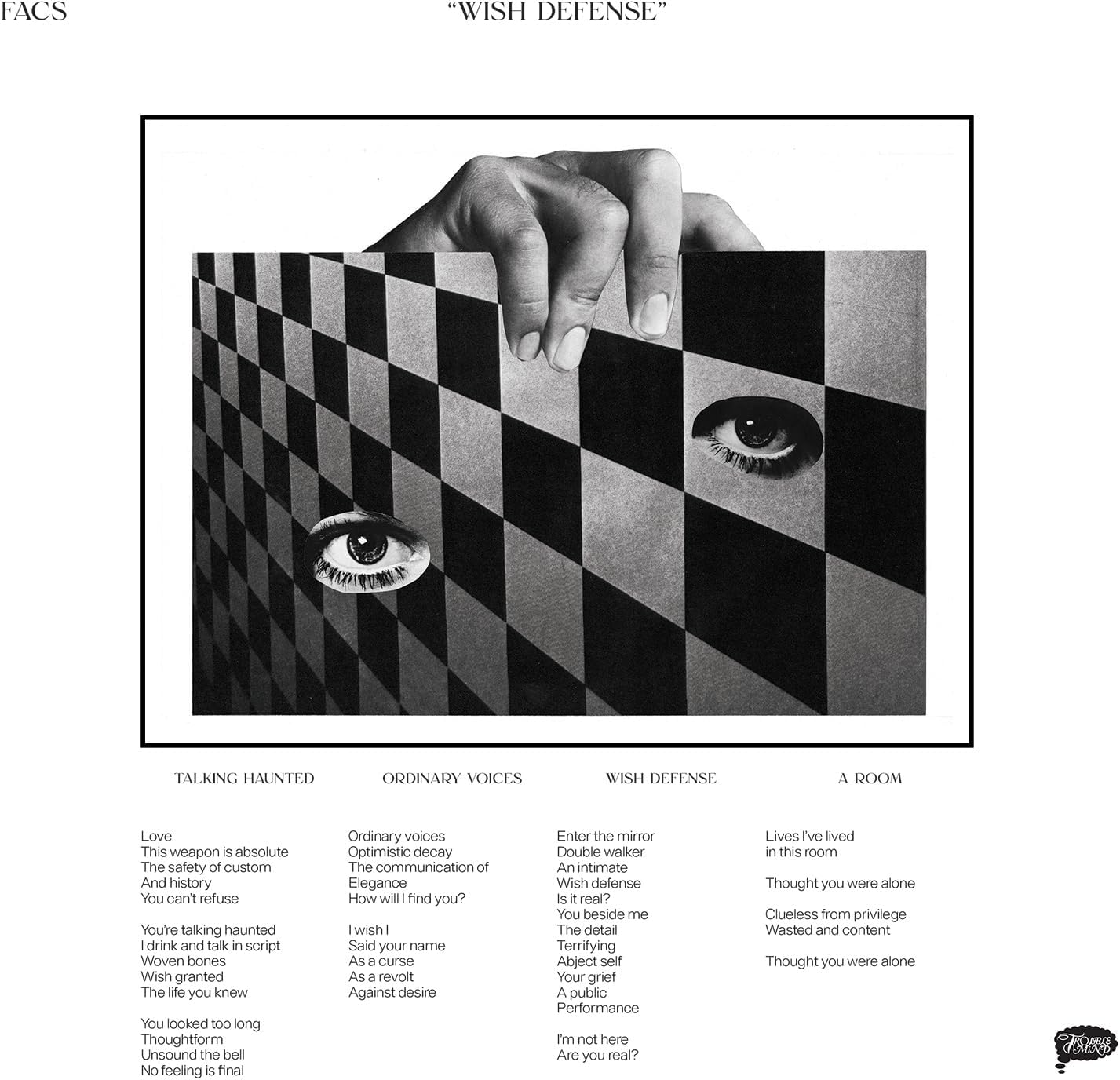 CD cover for “Wish Defense” by Facs, featuring a distorted eye and checkerboard.