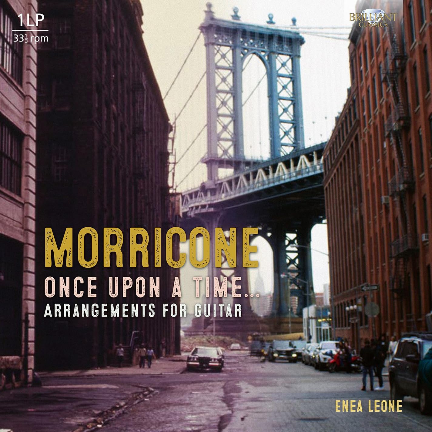 Vinyl record cover featuring the Brooklyn Bridge and text “Morricone”.