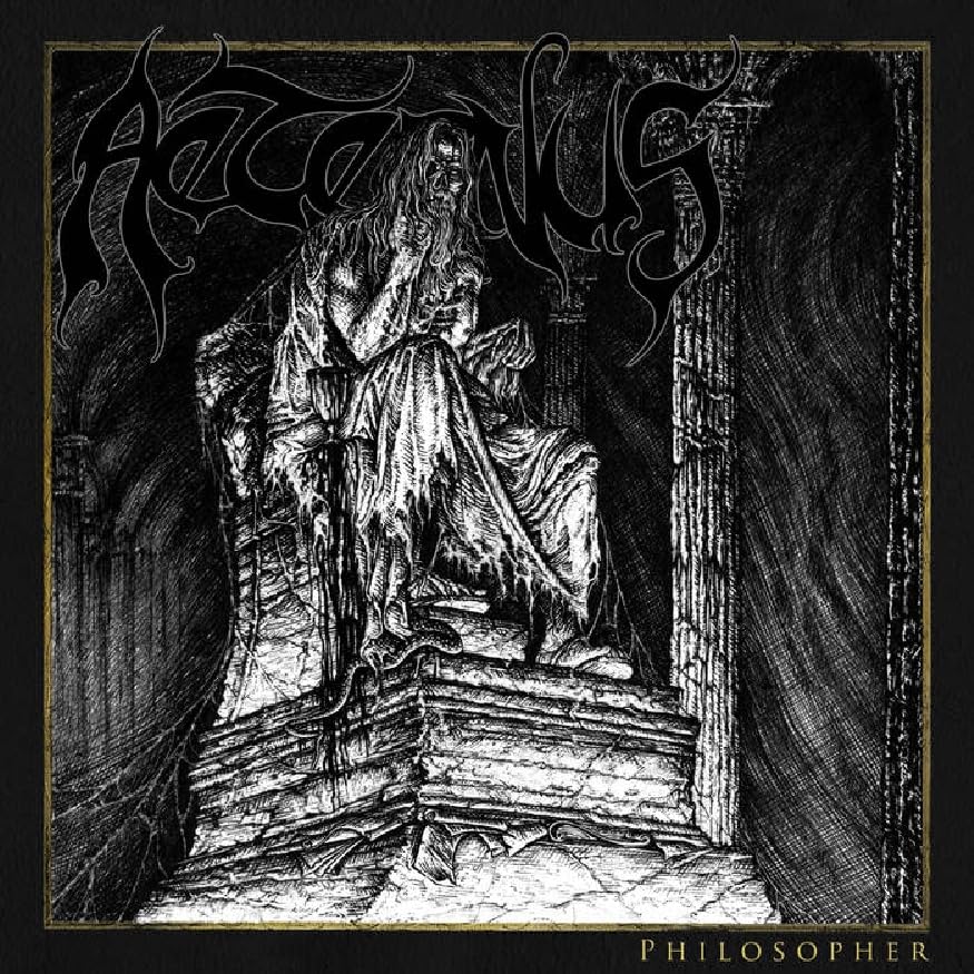 Black and white illustration of a seated, cloaked figure with "Aeternus" text.