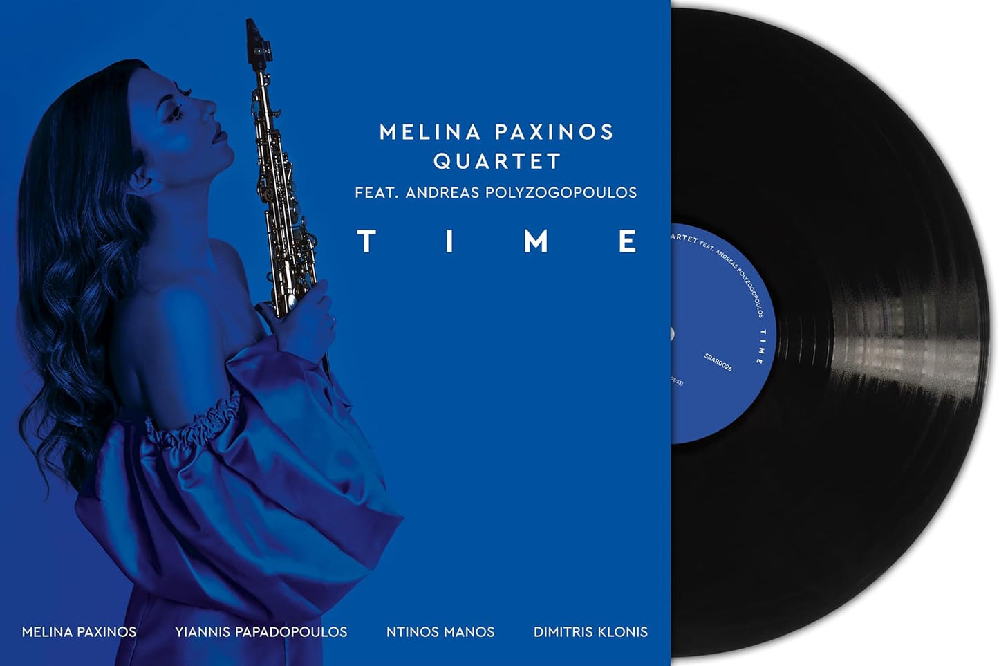 Vinyl record cover featuring Melina Paxinos and a saxophone in blue tones.