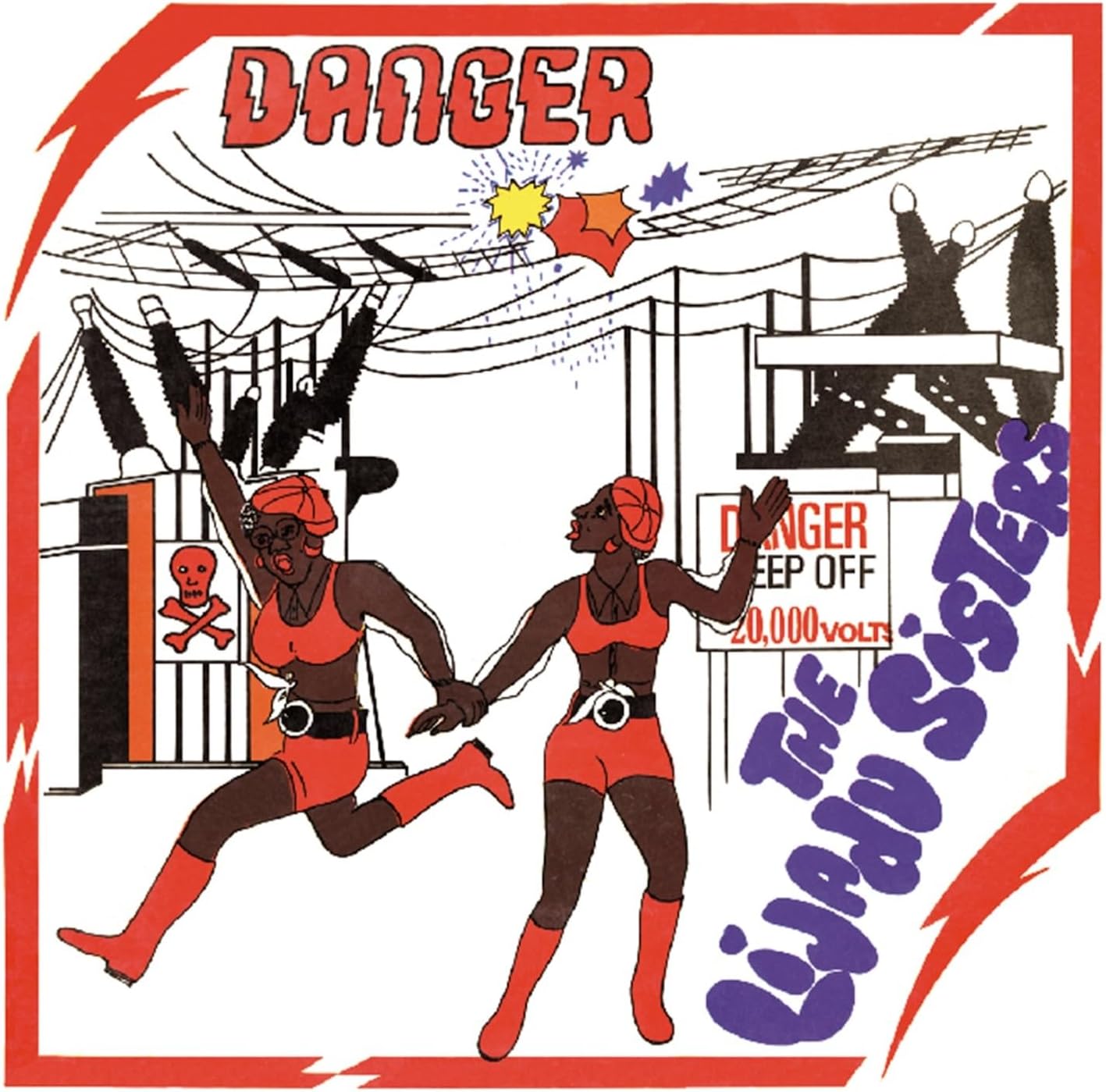 Album cover featuring two women running from electrical towers and danger signs.