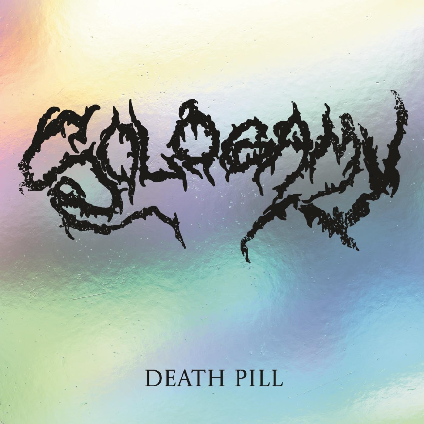 CD cover for Death Pill’s “Sologamy” with distorted black text on iridescent background.