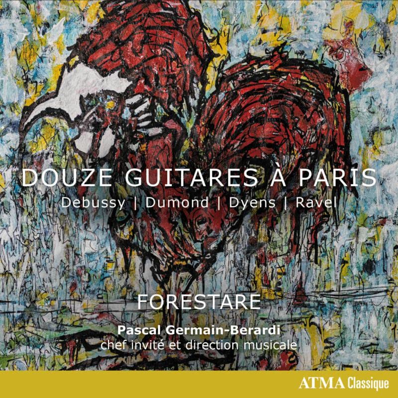 CD cover with abstract red and yellow painting, title “Douze Guitares À Paris.”