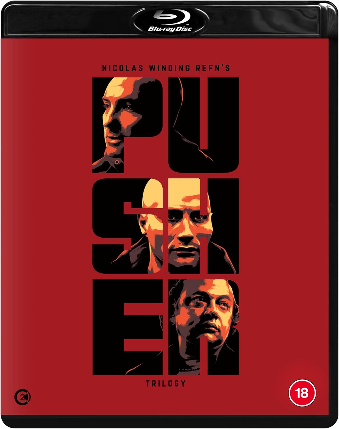 Red Blu-ray case with black accents and three men's faces in large title.