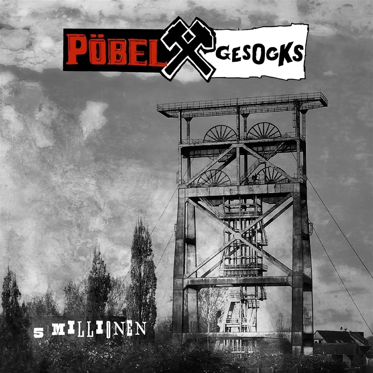 Black and white vinyl record cover featuring a mine shaft and band logo.