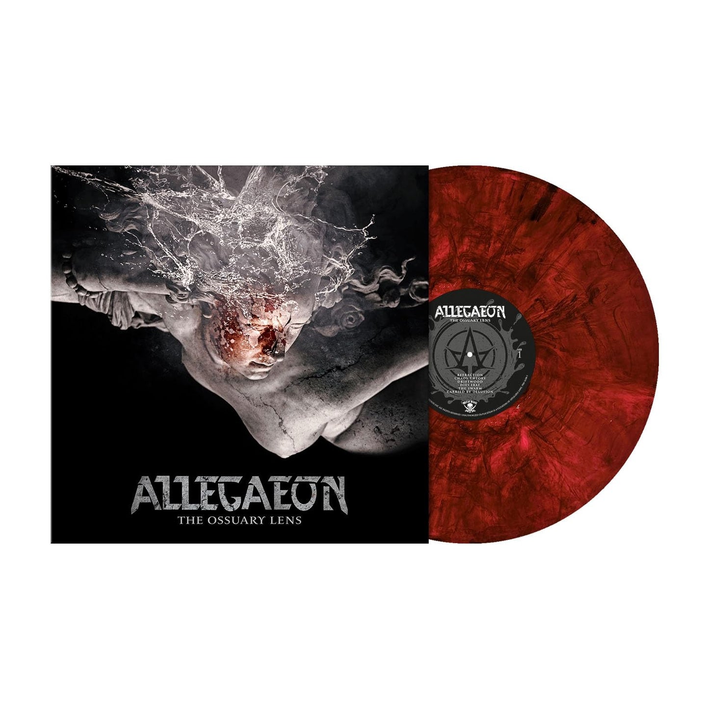 Allegaeon vinyl record, featuring dark imagery and red-orange marbled coloring.
