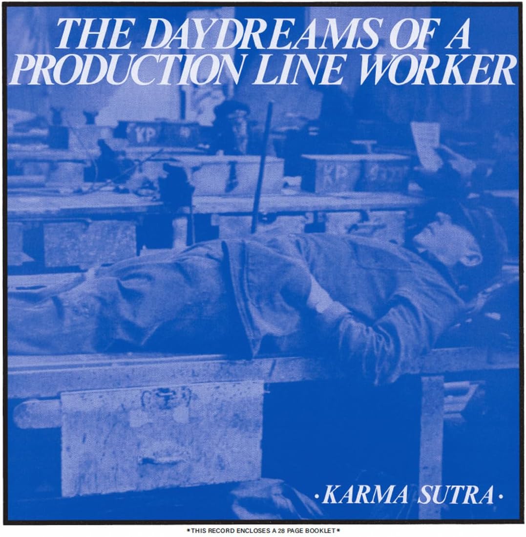 Vinyl record cover: blue background with a factory worker daydreaming.