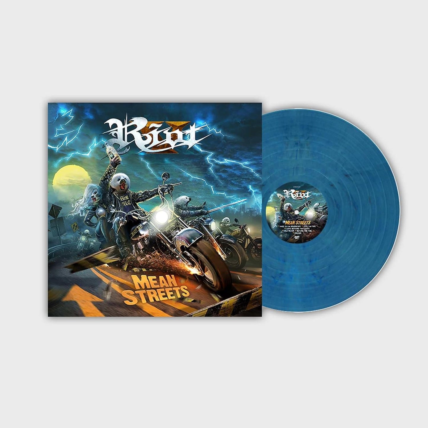 Riot V "Mean Streets" vinyl record with biker artwork and blue disc.