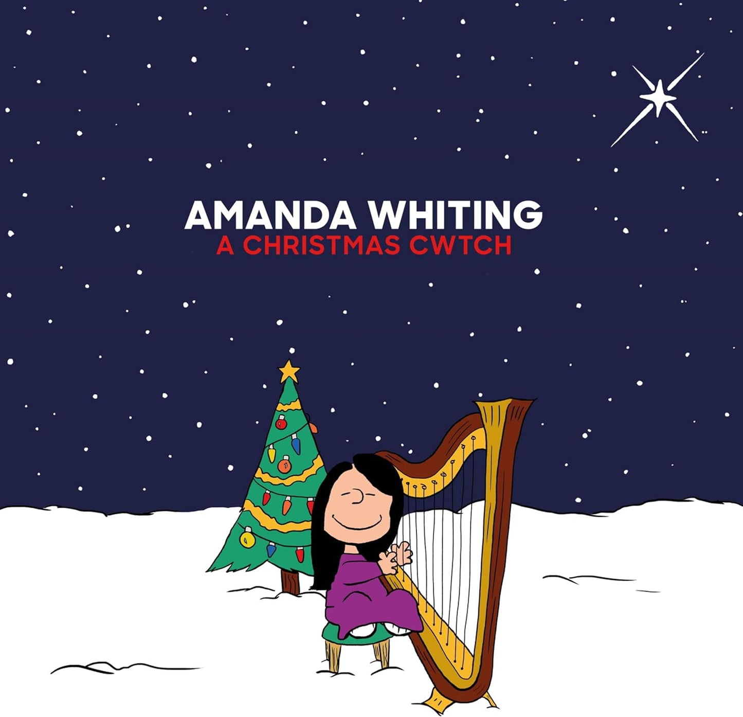 Cartoon of a girl with a harp and Christmas tree in snow.