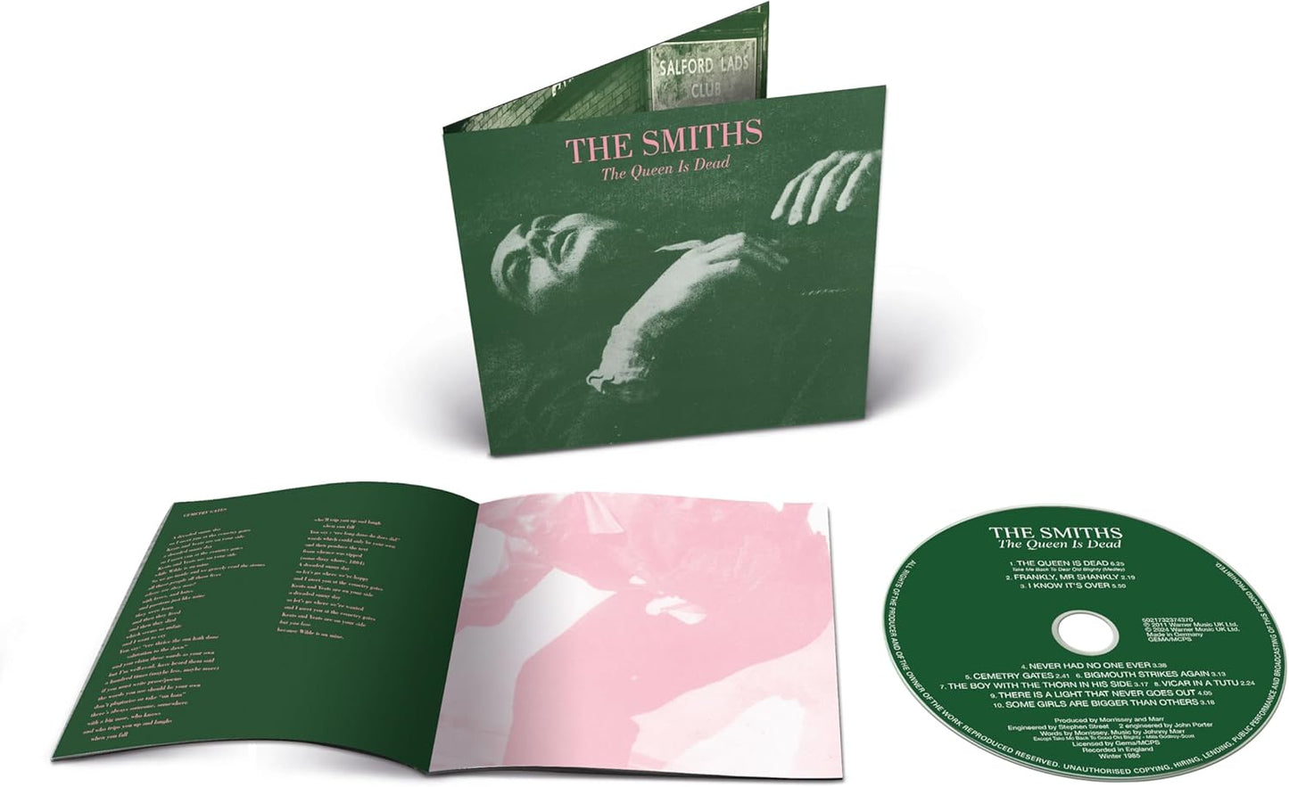The Smiths' "The Queen Is Dead" CD case, open to show the insert.