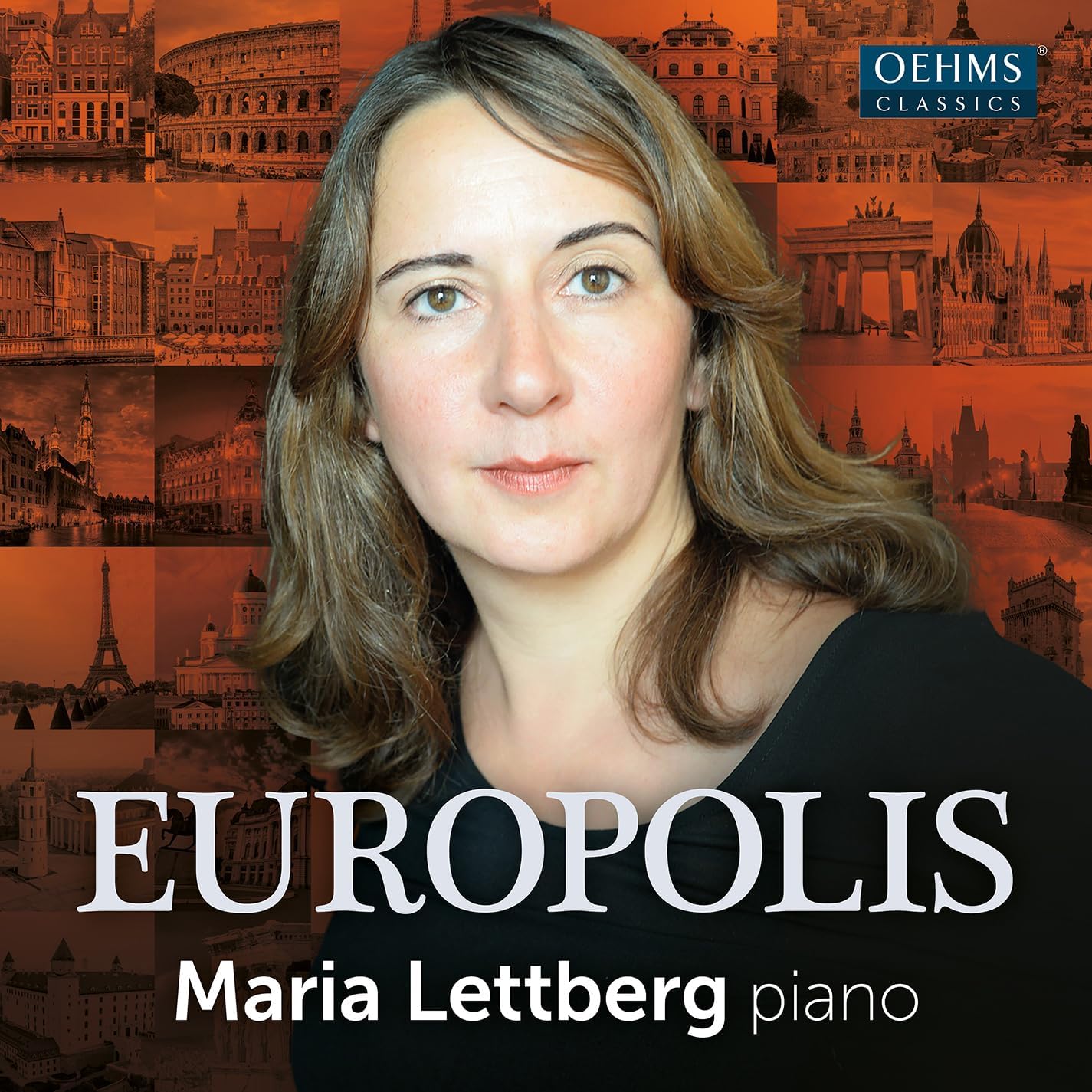 CD cover featuring pianist Maria Lettberg with European cityscapes backdrop.
