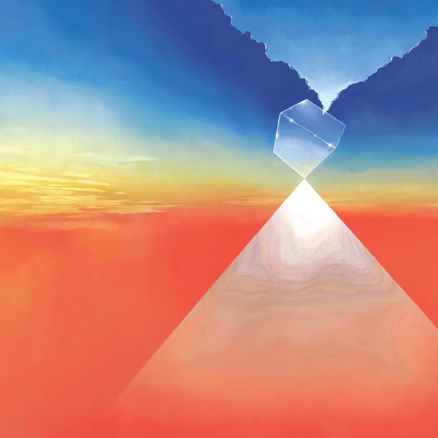 Abstract painting of an hourglass against a colorful sky.