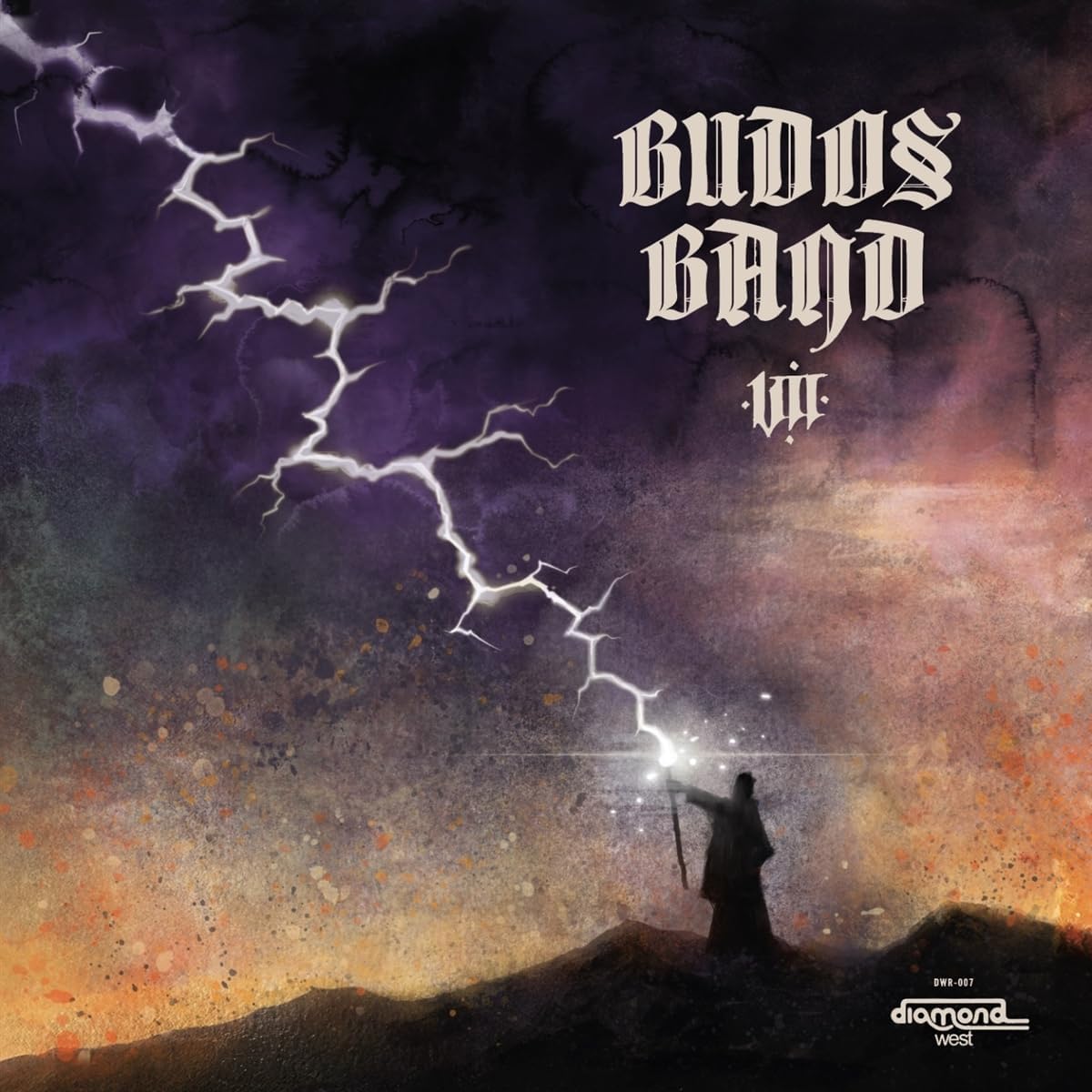 A figure stands on a hill holding a staff toward a bright lightning bolt.