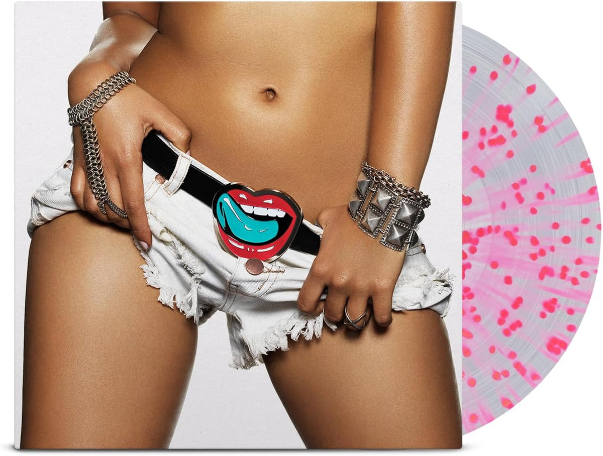 Album cover with person in denim shorts and speckled vinyl record.