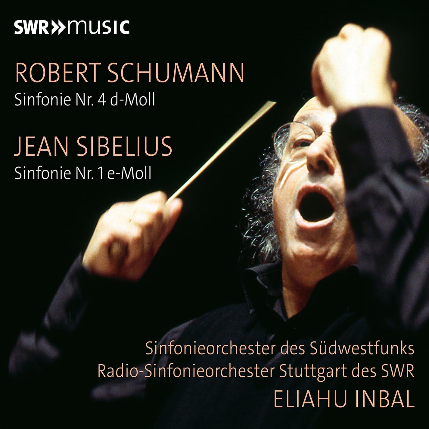 CD cover featuring conductor Eliahu Inbal with text listing composers Schumann and Sibelius.