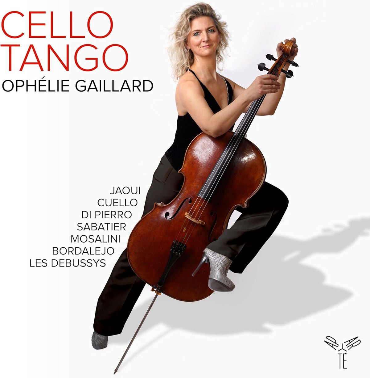 Cellist Ophélie Gaillard holding a cello, album cover for "Cellotango".