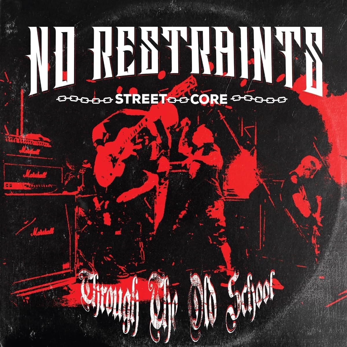 Black and red album cover featuring a punk band performing live.