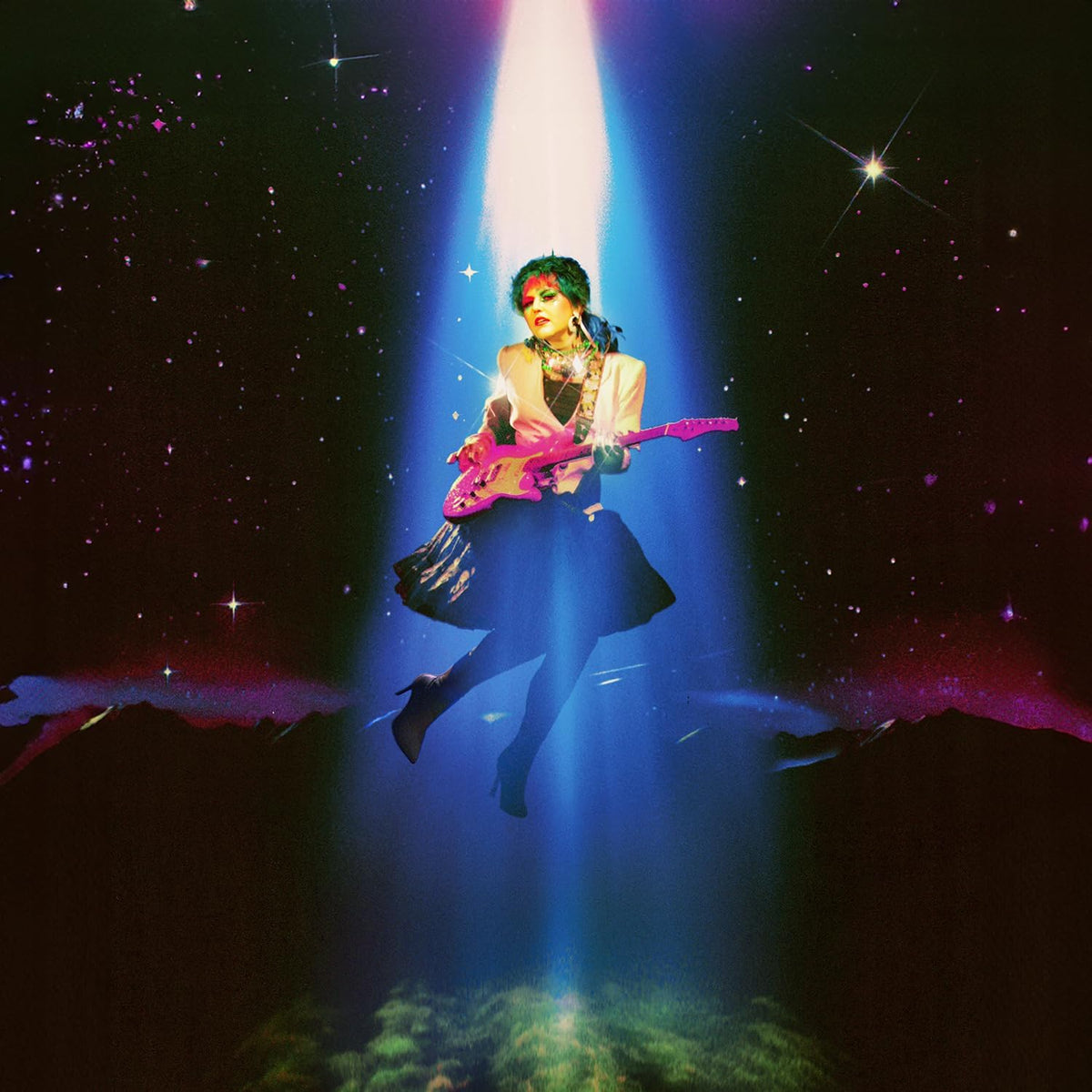 Woman with pink guitar levitates in a starry, cosmic landscape.