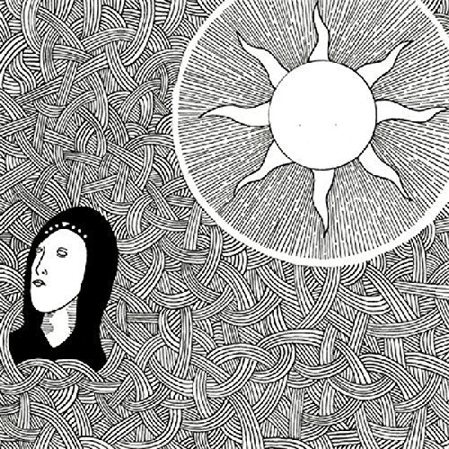 Black and white illustration of a woman and a sun on patterned background.