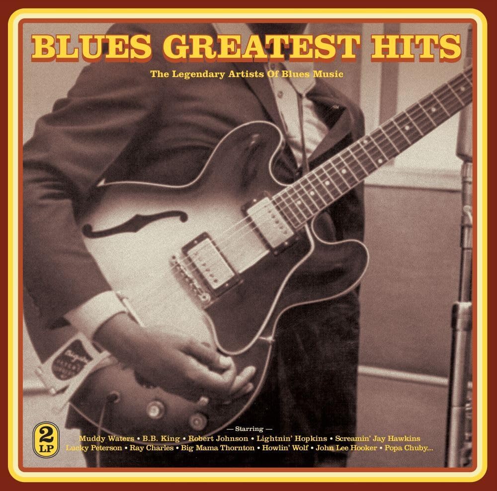 Vintage album cover featuring a blues guitarist and the title "Blues Greatest Hits".