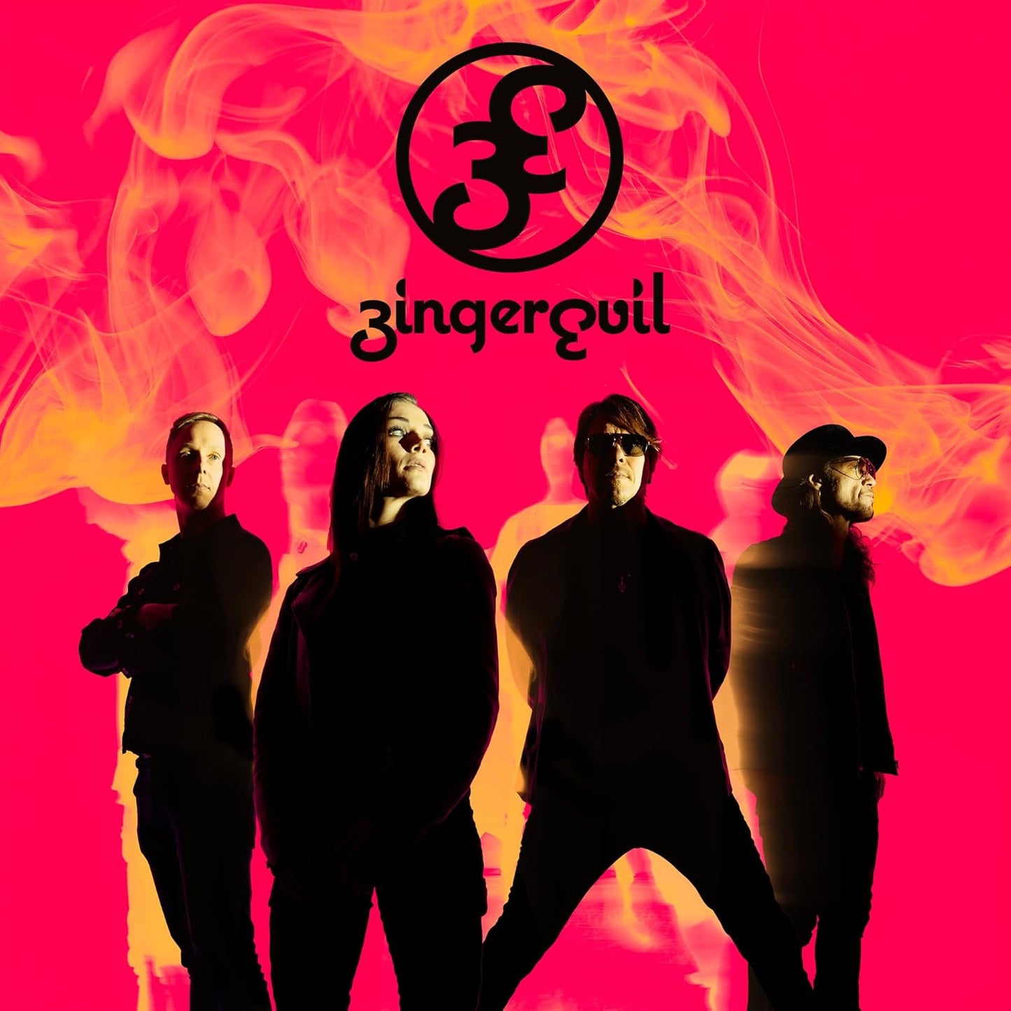 Four band members stand silhouetted against a bright pink background with orange smoke effects.