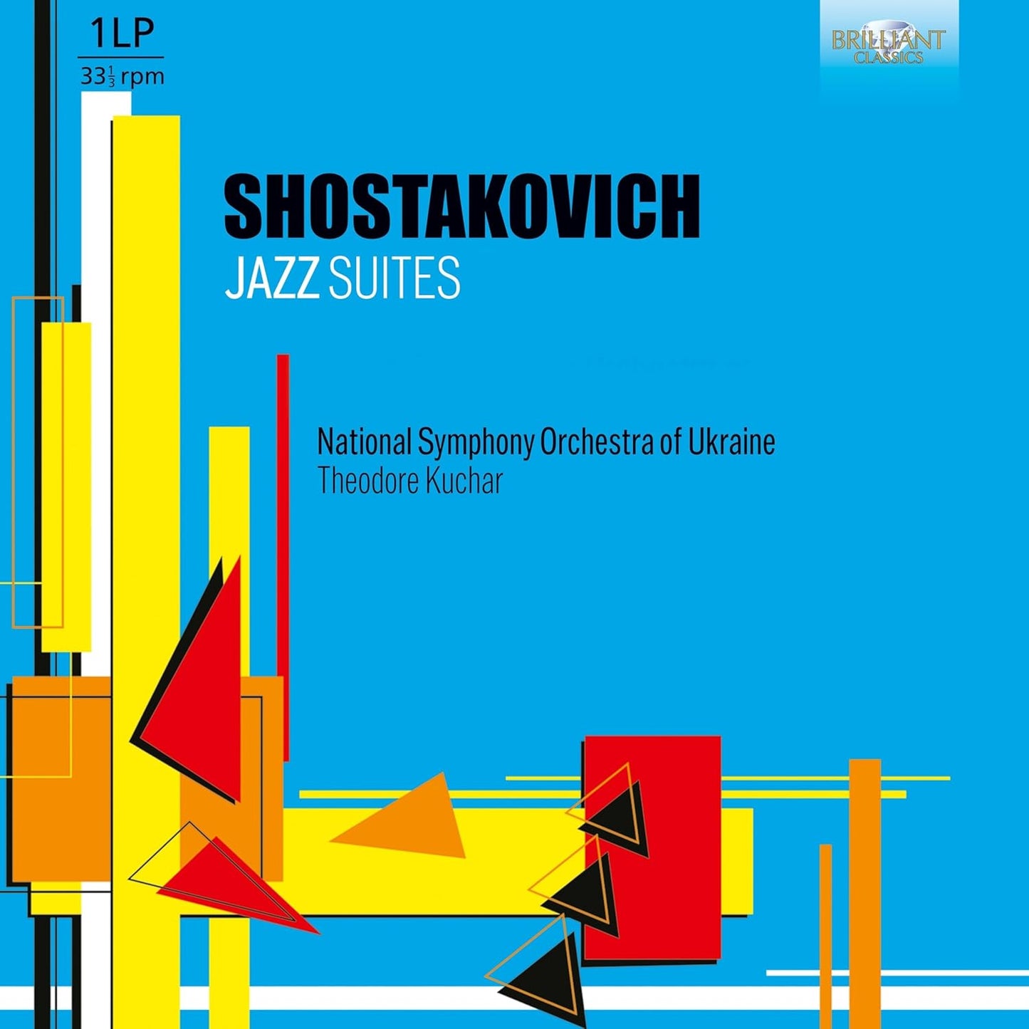 Album cover for Shostakovich Jazz Suites featuring bold geometric shapes on a blue background.