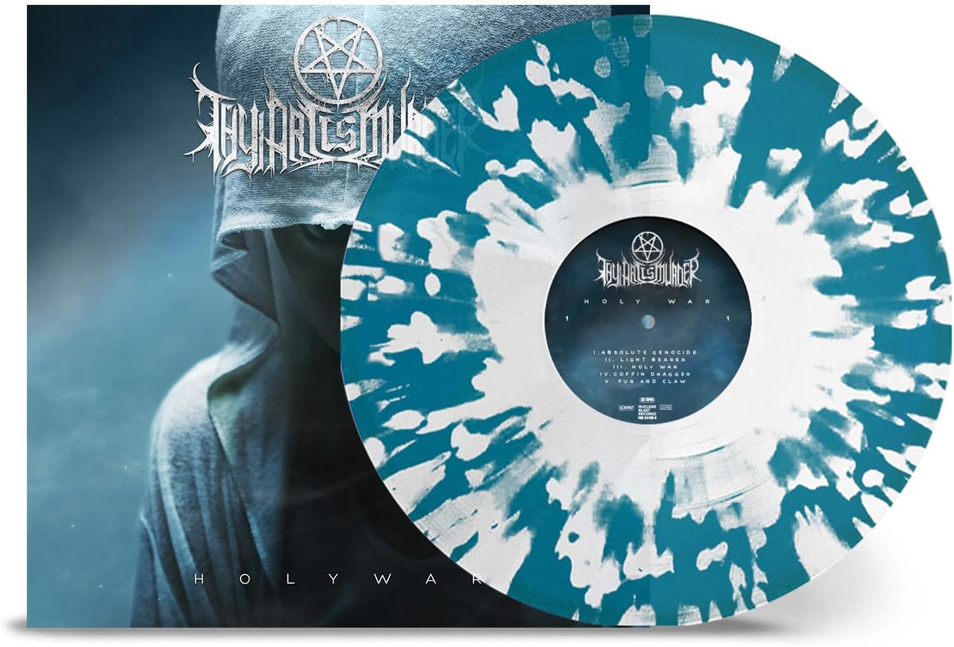 Thy Art Is Murder Holy War vinyl record with blue and white splatter pattern.