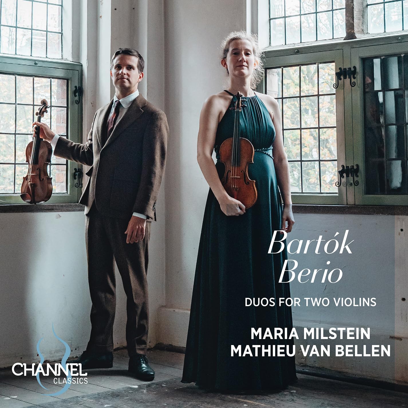 Two violinists, Maria Milstein and Mathieu Van Bellen, with violins and text.
