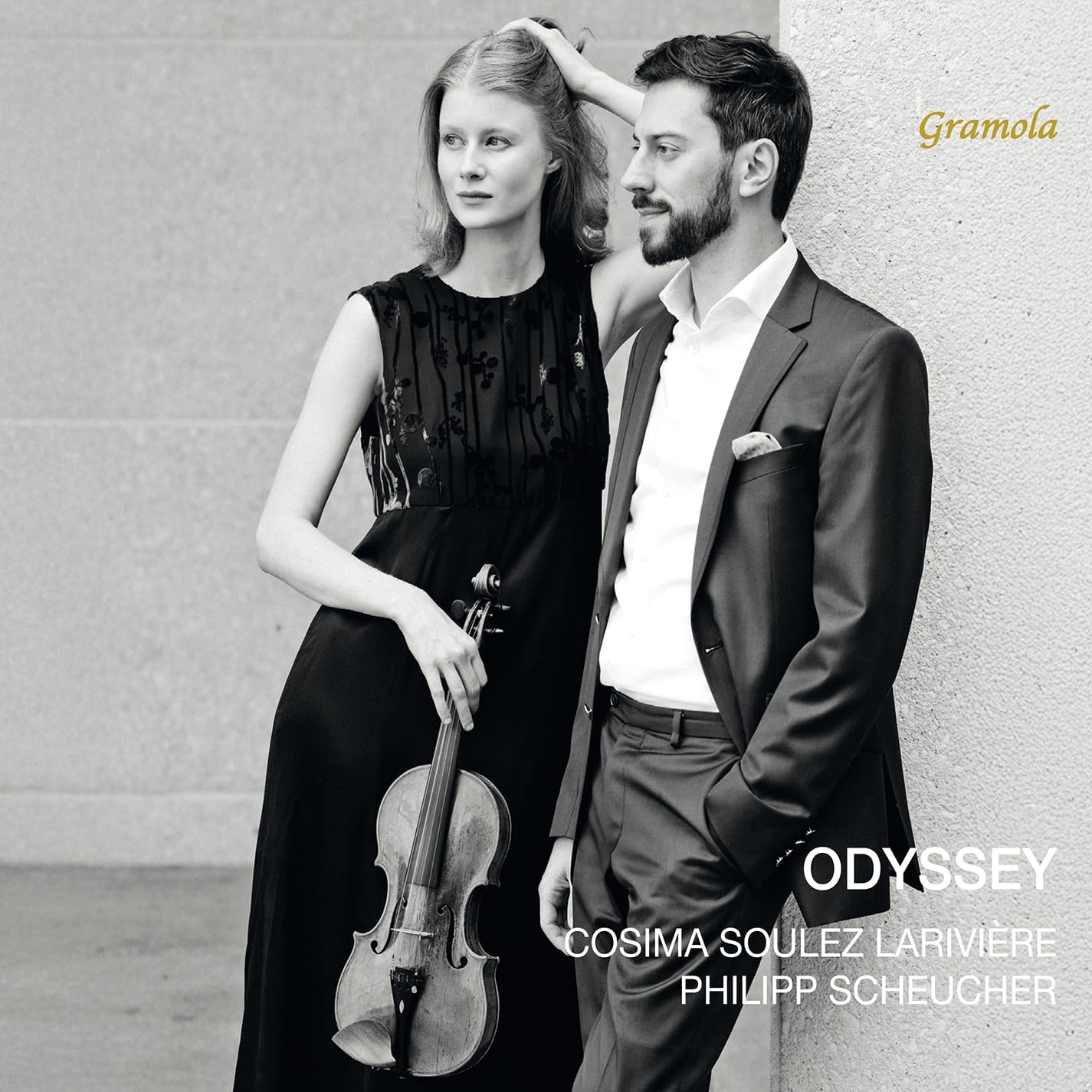 Black and white CD cover featuring a woman with a violin and a man.