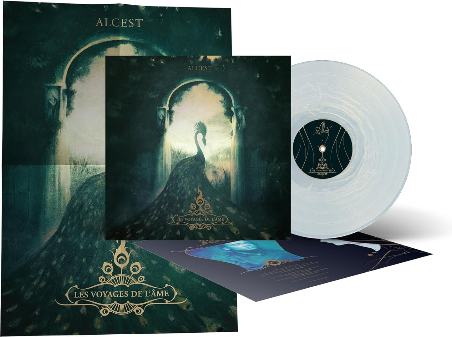 Alcest Les Voyages De L'ame vinyl record, cover art, and insert on white background.